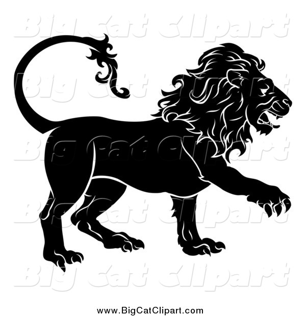 Big Cat Vector Clipart of a Black and White Walking Lion