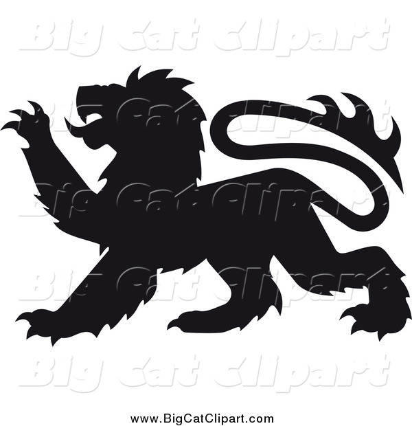 Big Cat Vector Clipart of a Black Heraldic Lion Clawing