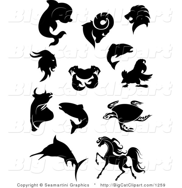 Big Cat Vector Clipart of a Black Silhouetted Lion and Other Animals