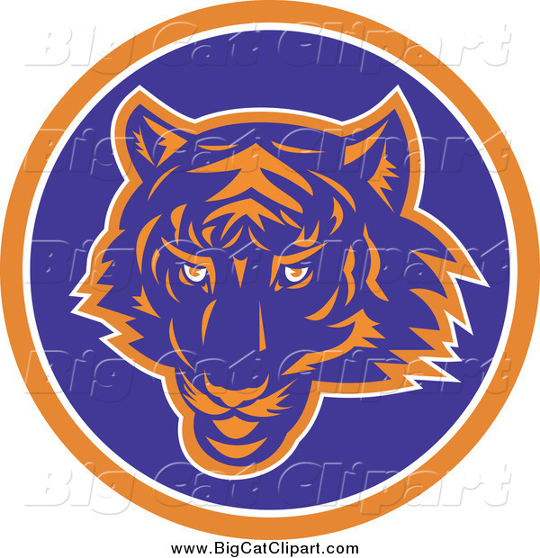 Big Cat Vector Clipart of a Blue and Orange Tiger Face in an Orange White and Blue Circle