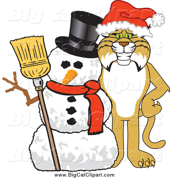 Big Cat Vector Clipart of a Bobcat with a Christmas Snowman