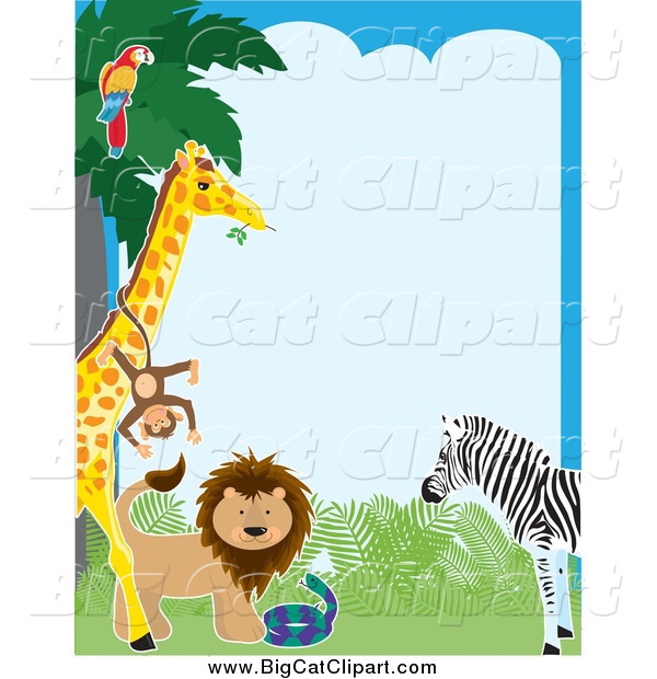 Big Cat Vector Clipart of a Border of a Parrot in a Tree, Monkey on a Giraffe, Lion, Snake and Zebra