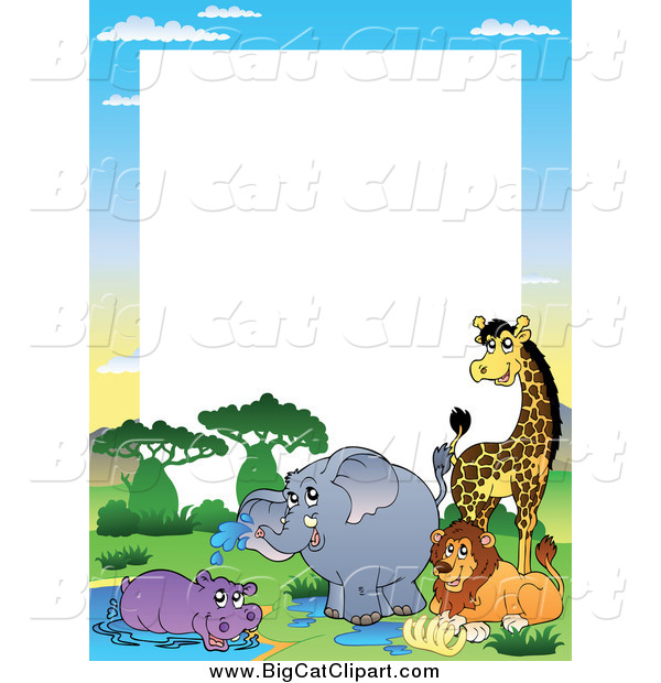 Big Cat Vector Clipart of a Border of African Animals by a Watering Hole with White Space