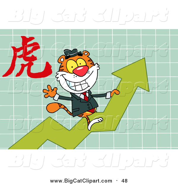 Big Cat Vector Clipart of a Business Tiger on a Growth Arrow, with a Year of the Tiger Chinese Symbol