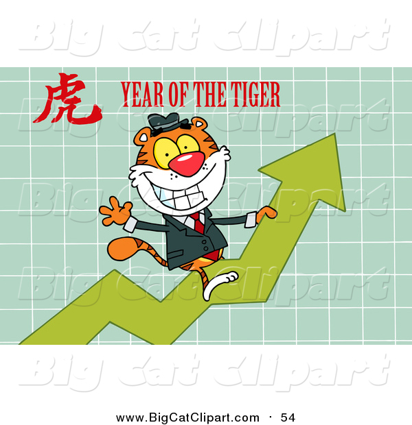 Big Cat Vector Clipart of a Business Tiger Riding a Profit Arrow, with a Year of the Tiger Chinese Symbol and Text