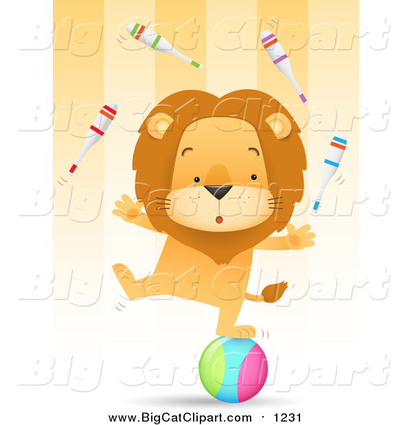 Big Cat Vector Clipart of a Circus Lion Juggling Pins and Balancing One Legged on a Ball