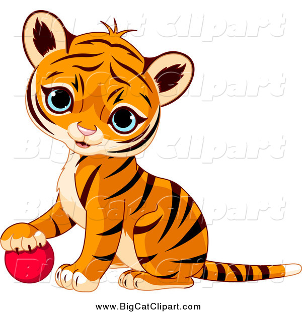 Big Cat Vector Clipart of a Cute Baby Tiger Cub Resting His Paw on a Toy Ball
