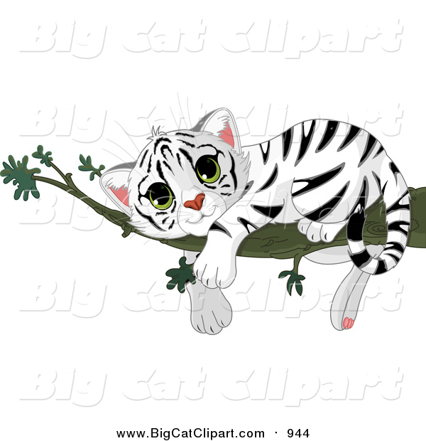 Big Cat Vector Clipart of a Cute Baby White Tiger Resting on a Branch