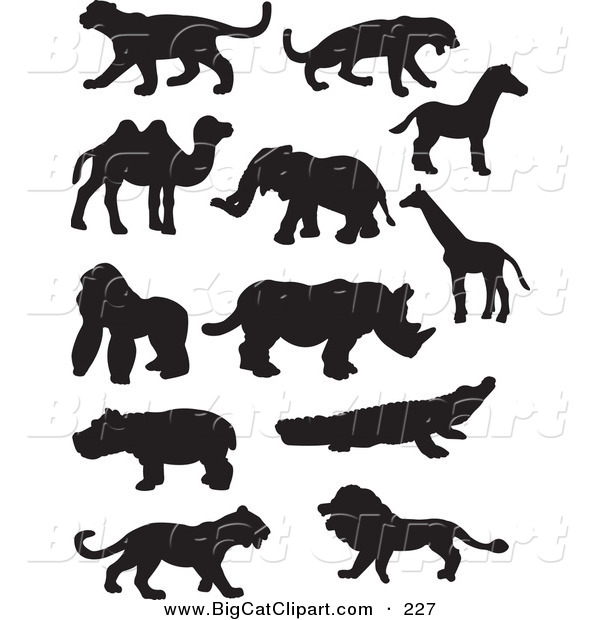 Big Cat Vector Clipart of a Digital Collage of Profiled Black Silhouetted Wildlife on a White Background