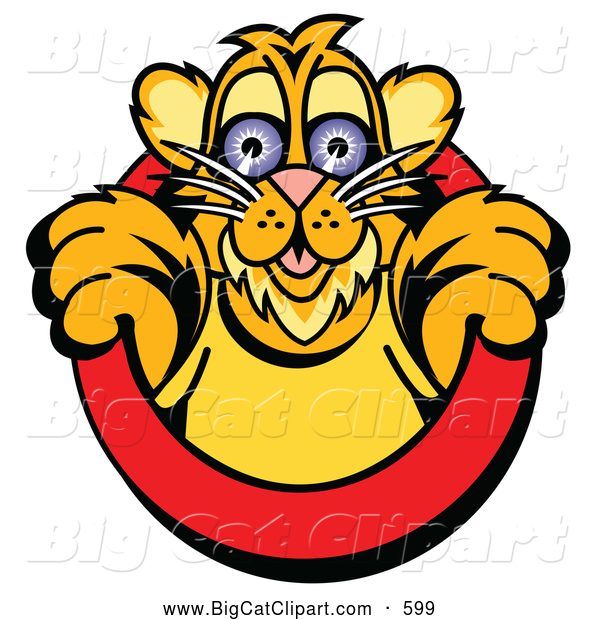 Big Cat Vector Clipart of a Friendly Cute Tiger Cub Emerging from a Red Circle