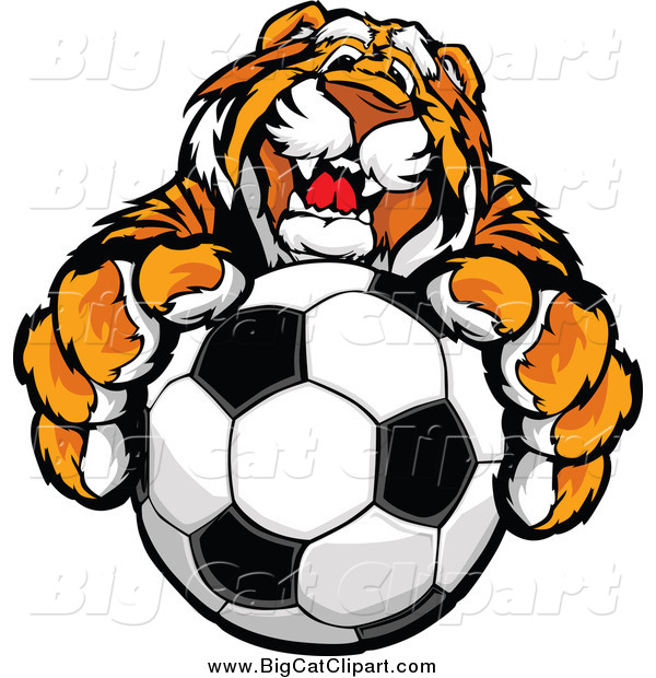 Big Cat Vector Clipart of a Friendly Tiger Mascot Holding up a Soccer Ball