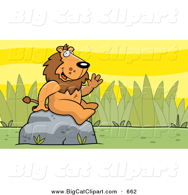 Big Cat Vector Clipart of a Friendly Waving Male Lion Character on a Rock