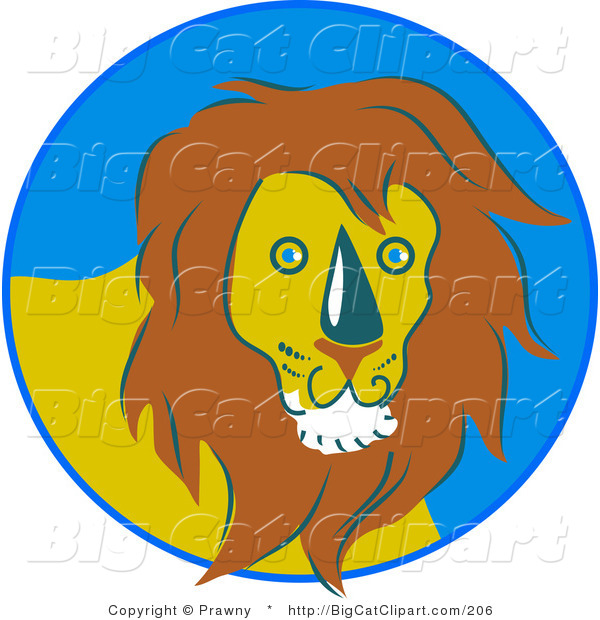 Big Cat Vector Clipart of a Friendly Yellow Male Lion in a Blue Circle