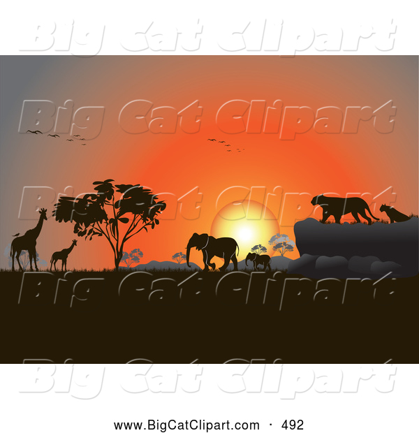 Big Cat Vector Clipart of a Group of Silhouetted Giraffes, Birds, Elephants and Big Cats Against an Orange African Sunset