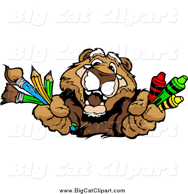 Big Cat Vector Clipart of a Happy Cougar Holding out Art Crayons Paintbrushes and Pencils