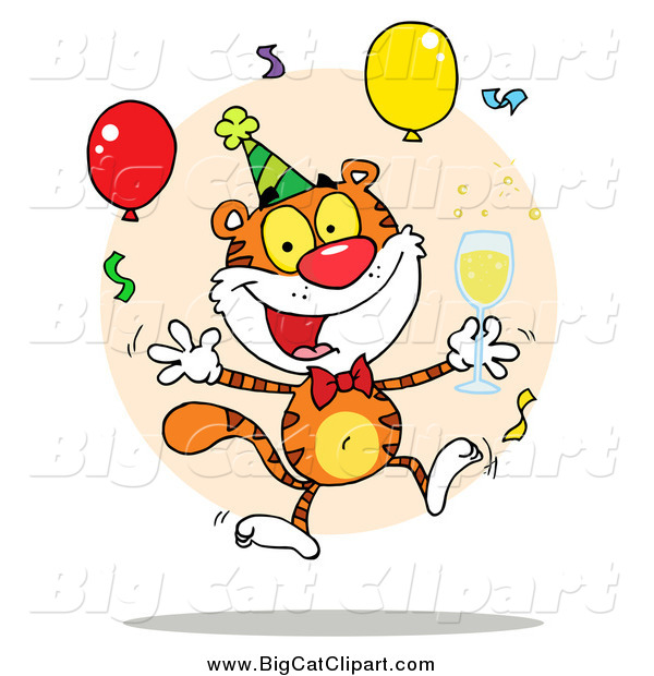 Big Cat Vector Clipart of a Happy Party Tiger with Champagne and Balloons