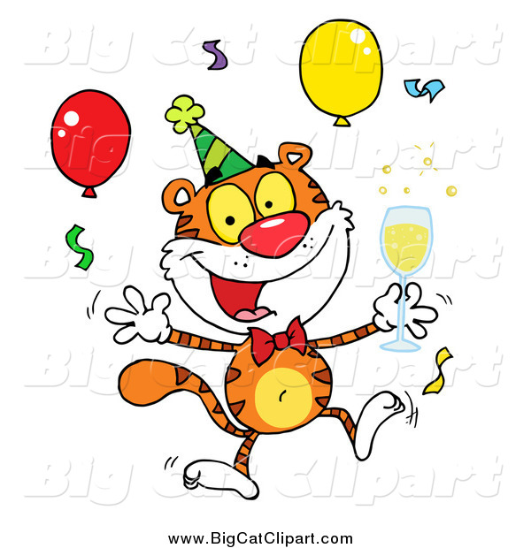 Big Cat Vector Clipart of a Happy Party Tiger with Champagne