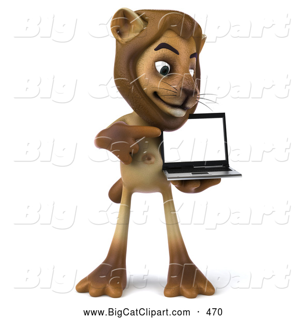 Big Cat Vector Clipart of a Helpful Lion Character Presenting a Laptop While Smiling
