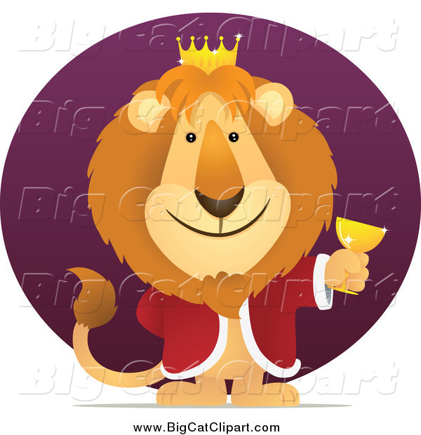 Big Cat Vector Clipart of a King Lion Holding a Goblet Against a Purple Circle