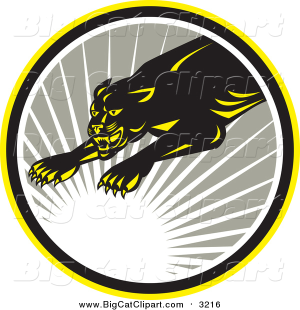 Big Cat Vector Clipart of a Leaping Panther with a Sun Burst