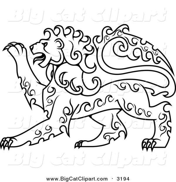 Big Cat Vector Clipart of a Lineart Curly Haired Royal Heraldic Lion