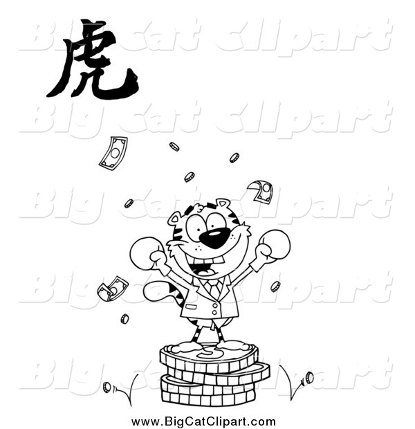 Big Cat Vector Clipart of a Lineart Victorious Business Tiger on Coins, with a Year of the Tiger Chinese Symbol