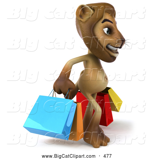 Big Cat Vector Clipart of a Lion Character Carrying Shopping Bags While Smiling