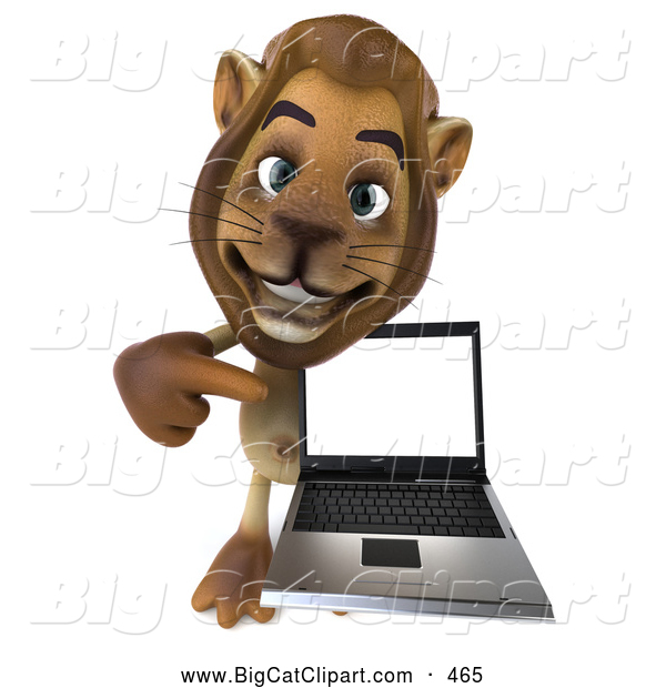 Big Cat Vector Clipart of a Lion Character Presenting a Laptop While Smiling