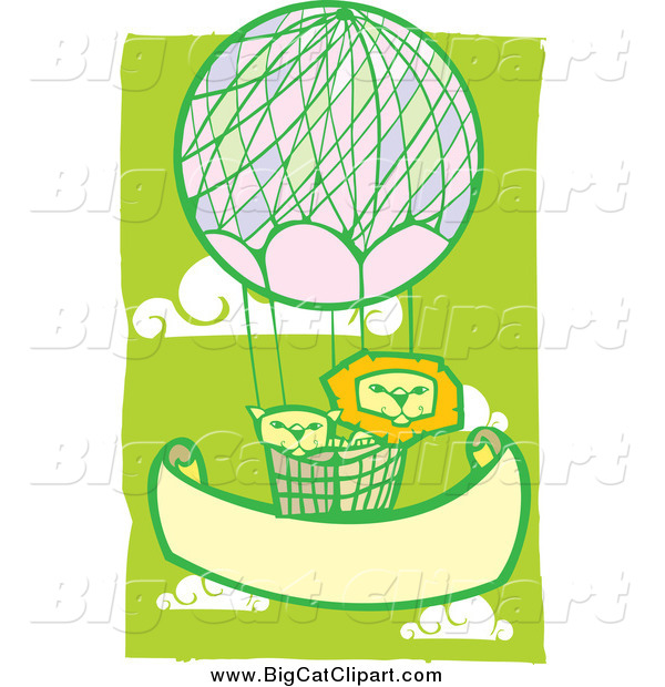 Big Cat Vector Clipart of a Lion Couple in a Hot Air Balloon in a Green Cloudy Sky