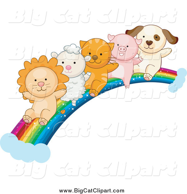 Big Cat Vector Clipart of a Lion, Lamb, Kitten, Piglet and Puppy Going down a Rainbow