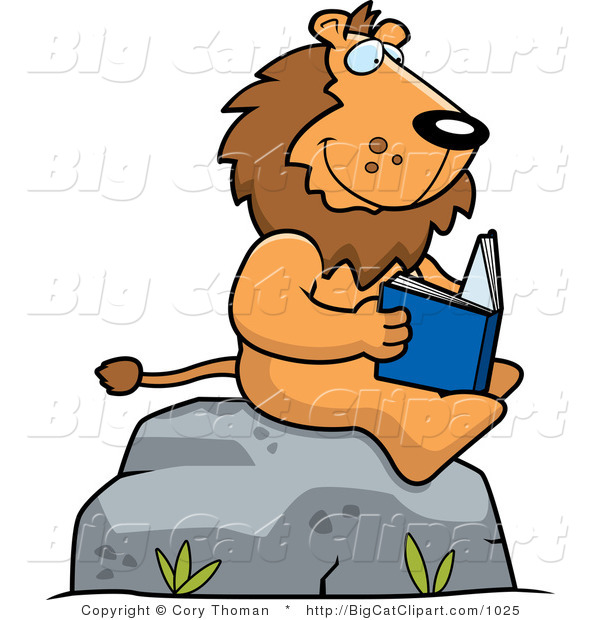Big Cat Vector Clipart of a Lion Reading Outdoors