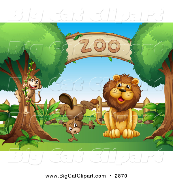 Big Cat Vector Clipart of a Male Lion and Beaver Under a Zoo Sign