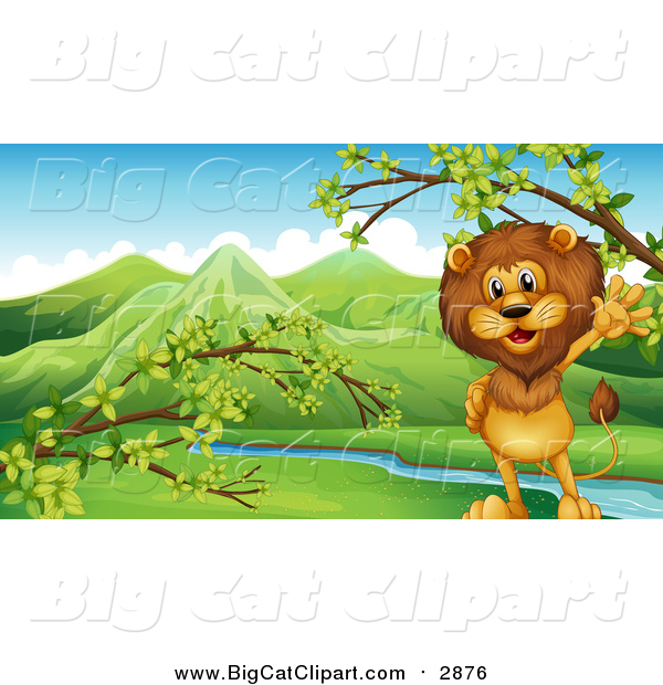 Big Cat Vector Clipart of a Male Lion by a Valley Stream