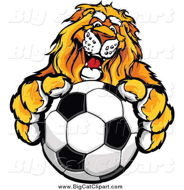 Big Cat Vector Clipart of a Male Lion Holding out a Soccer Ball