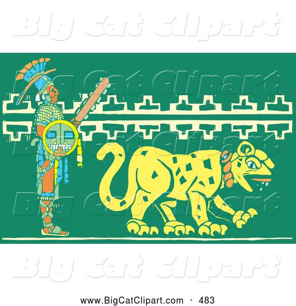 Big Cat Vector Clipart of a Mayan Warrior Walking Behind a Jaguar to the Right
