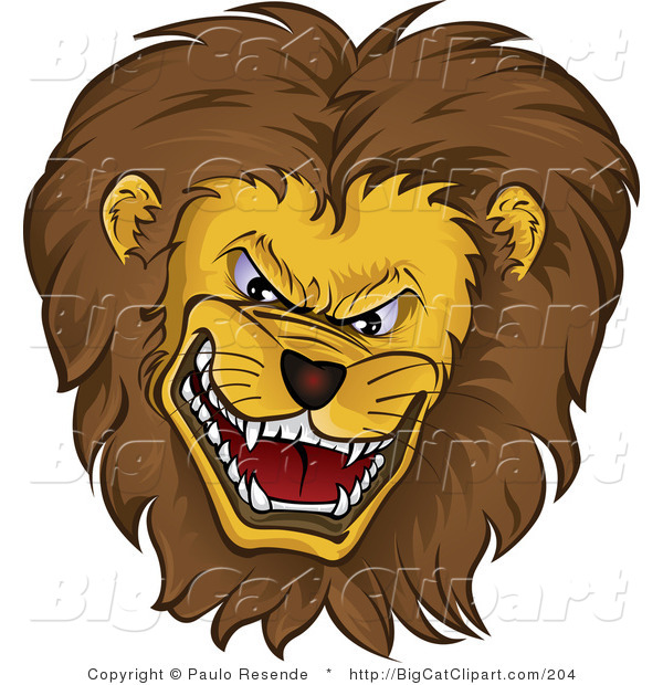 Big Cat Vector Clipart of a Mean Growling Lion Head with a Thick Fluffy Mane on White