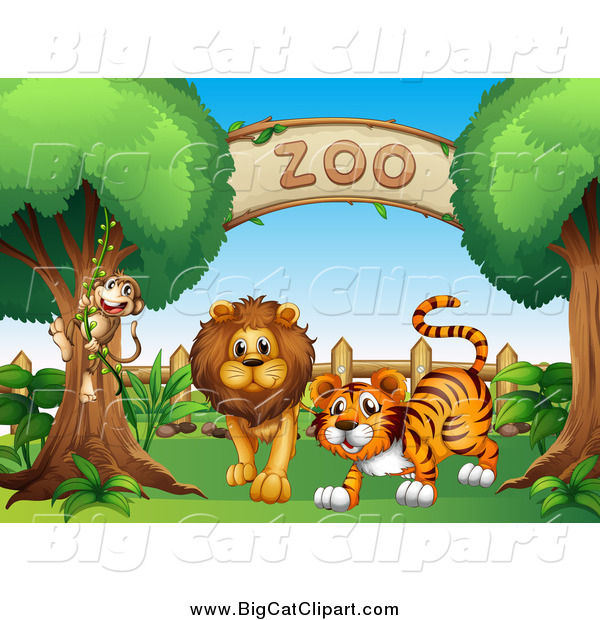 Big Cat Vector Clipart of a Monkey, Lion and Tiger at a Zoo Entrance
