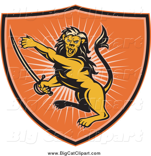 Big Cat Vector Clipart of a Orange Lion Shield and Rays