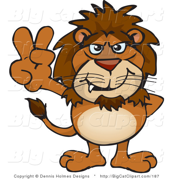 Big Cat Vector Clipart of a Peaceful Brown Lion Smiling and Gesturing the Peace Sign