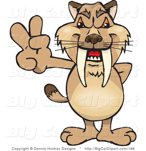 Big Cat Vector Clipart of a Peaceful Brown Sabertooth Tiger Smiling and Gesturing the Peace Sign