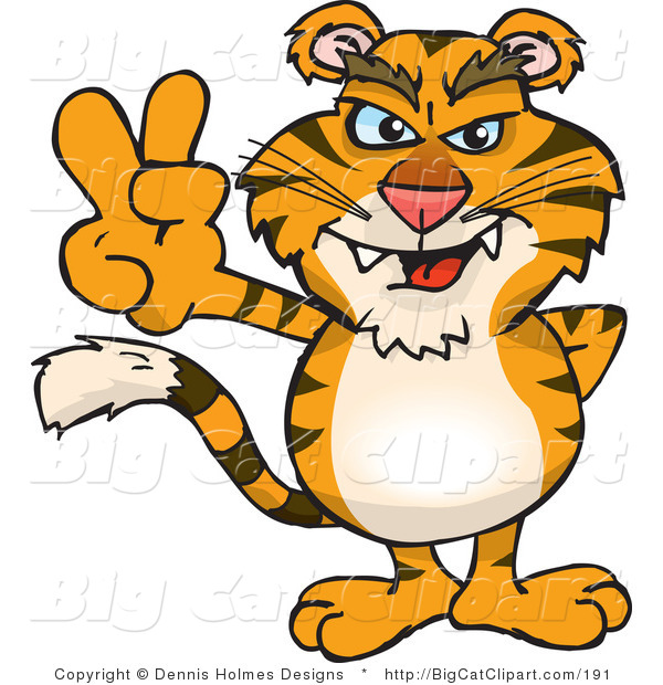 Big Cat Vector Clipart of a Peaceful Saber Tooth Tiger Smiling and Gesturing the Peace Sign