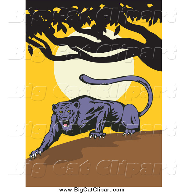 Big Cat Vector Clipart of a Prowling Black Jaguar Ready to Pounce at Sunset