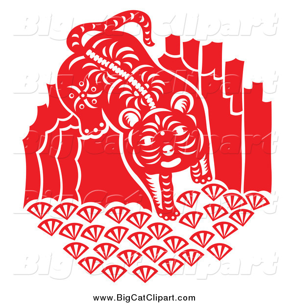 Big Cat Vector Clipart of a Red and White Tiger Papercut Design