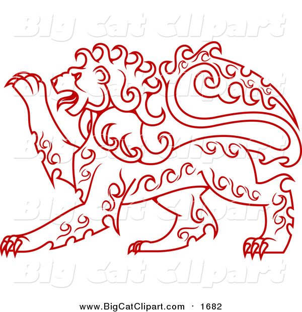 Big Cat Vector Clipart of a Red Curly Haired Heraldic Lion
