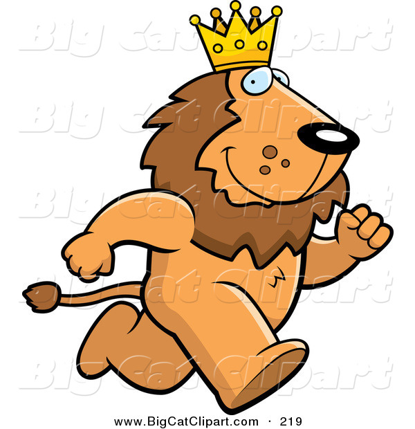 Big Cat Vector Clipart of a Running Brown King Lion Character Wearing a Crown