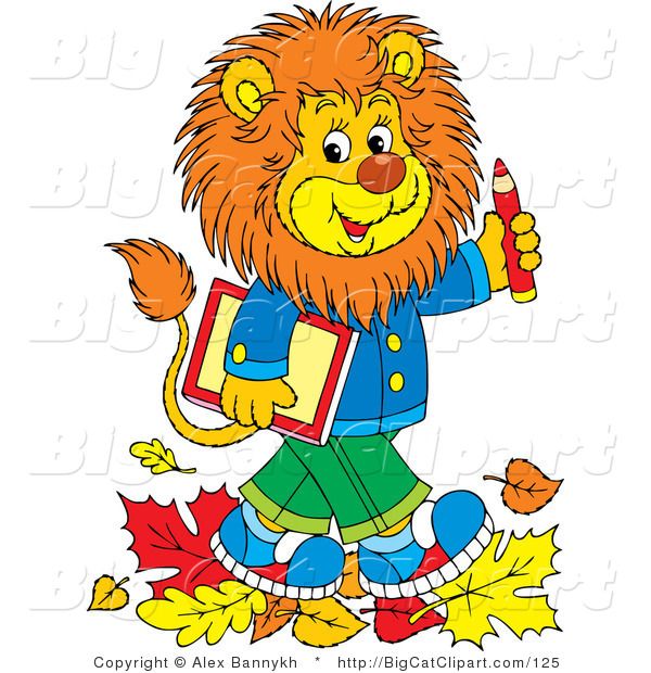 Big Cat Vector Clipart of a School Lion Walking in Autumn Leaves