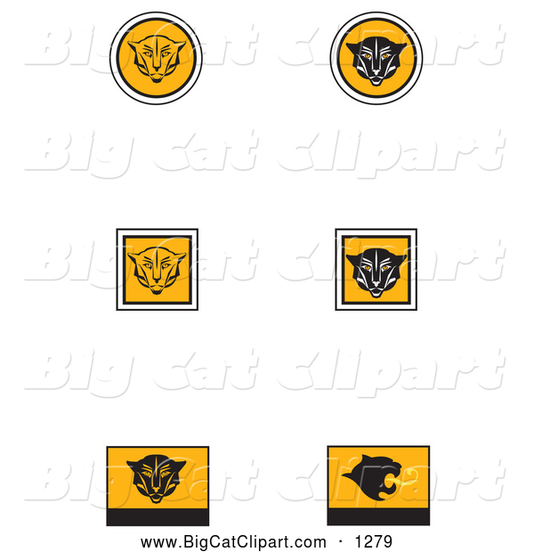 Big Cat Vector Clipart of a Set of Six Black, White and Orange Cougar or Wildcat Icons