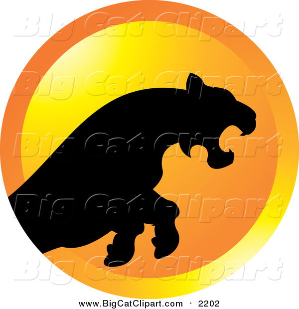 Big Cat Vector Clipart of a Silhouetted Leaping Puma or Tiger over an Orange Circle