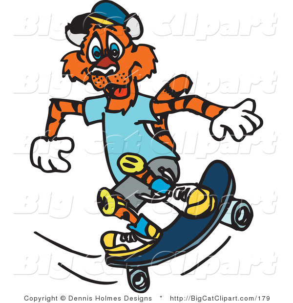Big Cat Vector Clipart of a Skateboarding Tiger in Knee Pads