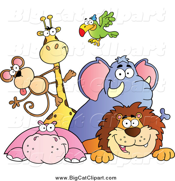 Big Cat Vector Clipart of a Smiling Group of Zoo Animals over a Sign